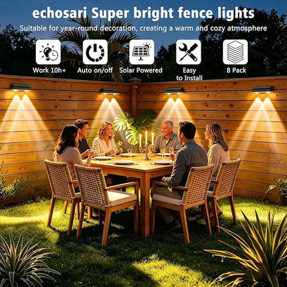 echosari Solar Fence Lights 8 Pack, 100 Lumen Ultra Bright Solar Wall Lights Outdoor Waterproof Lighting Auto ON/Off for Backyard Patio Railing Porch Step (2700K Warm White)