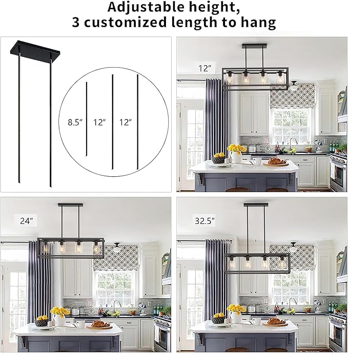 Farmhouse Dining Room Light Fixture - 4 Light Kitchen Island Lighting with Adjustable Height & Thickened Metal Dining Room Light Fixture Over Table，Chandeliers for Dining Room&Kitchen Island