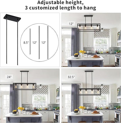 Farmhouse Dining Room Light Fixture - 4 Light Kitchen Island Lighting with Adjustable Height & Thickened Metal Dining Room Light Fixture Over Table，Chandeliers for Dining Room&Kitchen Island