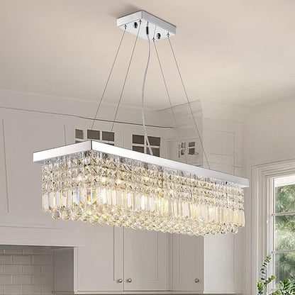 Crystal Chandelier for Dining Room,8-Light Modern Chandeliers,K9 Crystal Rectangle Chandelier,Farmhouse Pendant Light Fixture for Kitchen Island Bar Bedroom L40 x W10 x H10