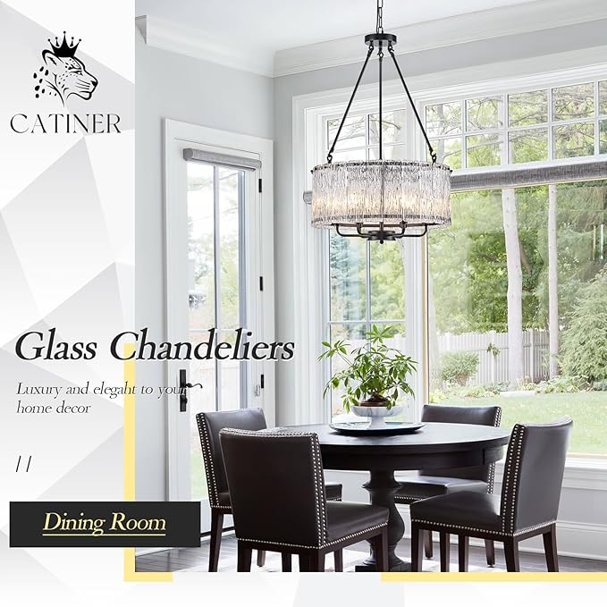 CATINER Black Drum Chandelier 6-Light Modern Crystal Glass Chandeliers 20" Luxury Ceiling Pendant Light Fixture for Entryway Foyer Dining Room Bedroom Kitchen