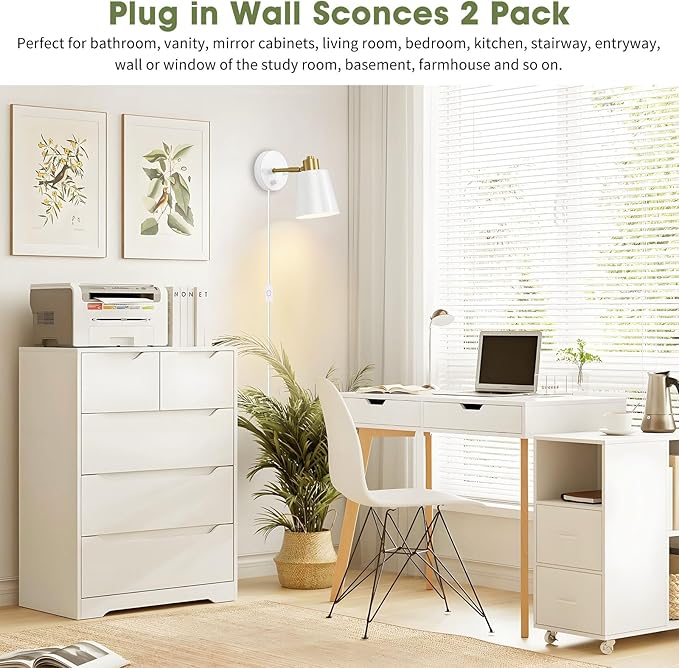 Lomoky Dimmable Wall Sconces Set of 2, Adjustable Angle Wall Lights with Plug in Cord and Dimmer On/Off Knob Switch, Hardwired Indoor White Wall Lamp for Bedside Bedroom Bathroom (2 Bulbs Included)