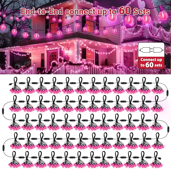 LAMPHOME Pink LED Outdoor String Lights, 26FT Patio Lights with 12+1 Shatterproof Edison Bulbs, UL Waterproof Connectable Dimmable Hanging Lights for Backyard Porch Garden Deck Balcony Decor
