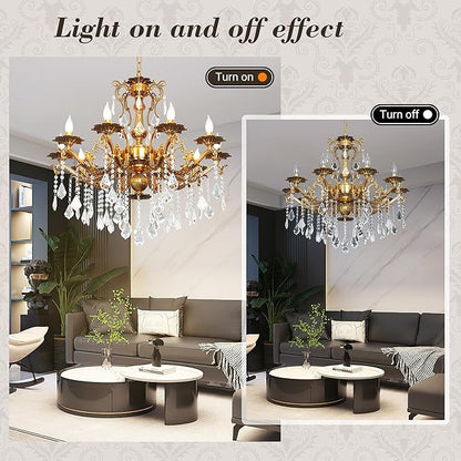 Luxury Copper Crystal Chandelier, 32" Vintage K9 Crystal Pendant Light with 10 Lights, Antique Brass Ceiling Light Fixture with Scrolled Arms for Dining Room Living Room Foyer Villa Hotel