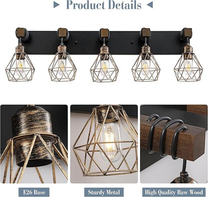 Black Gold Farmhouse Bathroom Light Fixtures, 5-Light Bathroom Lighting Fixtures Over Mirror, Rustic Wood Vanity Lights Wall Sconces with Metal Lampshade for Living Room