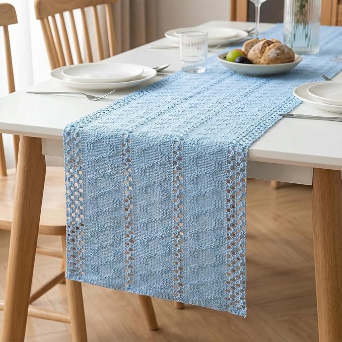 Artoid Mode Sky Blue Farmhouse Woven Rustic Hollow Table Runner, Seasonal Holiday Hollow Kitchen Dining Table Decoration for Home Party Decor 12x90 Inch