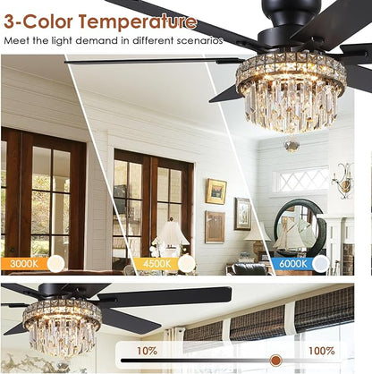 Asyko Chandelier Ceiling Fan -52" Crystal Ceiling Fan- Fandelier Fan Light Black with Remote, Reversible Motor, Dual-Sided 6 Blades, 3 Speed, Timer, Indoor Outdoor Fans, Living Room, Dining Room