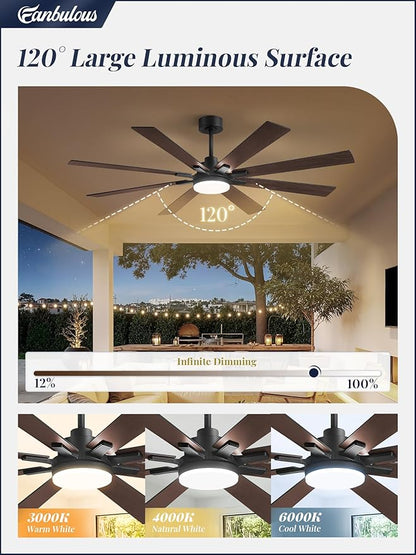 Fanbulous 65 Inch Ceiling Fan with Light and Remote, 6 Speeds Reversible DC Motor Ceiling Fans for Living Room Patio Garage, 3CCT Dimmable LED, 8 Wood Blades, Downrod Mount, Sloped Ceiling Compatible