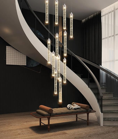 12-Lights Modern Chandeliers for Entryway High Ceiling Chandelier LED Dimmable Long Lights Fixture Pendants Lighting Crystal Chandeliers for Hallway Foyer Living Room Silver Finished Lighting