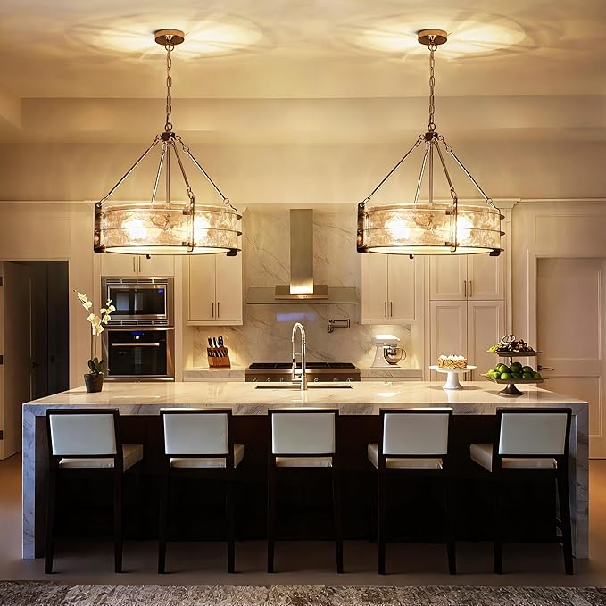 Modern Chandeliers for Dining Room, 20" Brushed Nickel Textured Glass Chandelier Luxury Light Fixture Drum Hanging Lighting for Dining Room Kitchen Island Living Room Hallway Bedroom