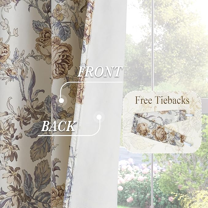 StangH Light Beige Floral Vintage Curtains 96 inches, Botanical Pattern Printed On Velvet Curtains Privacy Thermal Insulated Window Drapes for Cafe Living Room, W52 x L96, 2 Panels