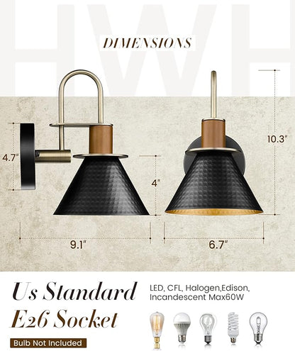 Modern Wall Sconces Set of Two, HWH Industrial Sconce Wall Lighting Indoor Wall Lamp, 1-Light Barn Vanity Light, Hammered Metal Shade, Black and Gold Finish, 5HZG74B-2 BK+BG
