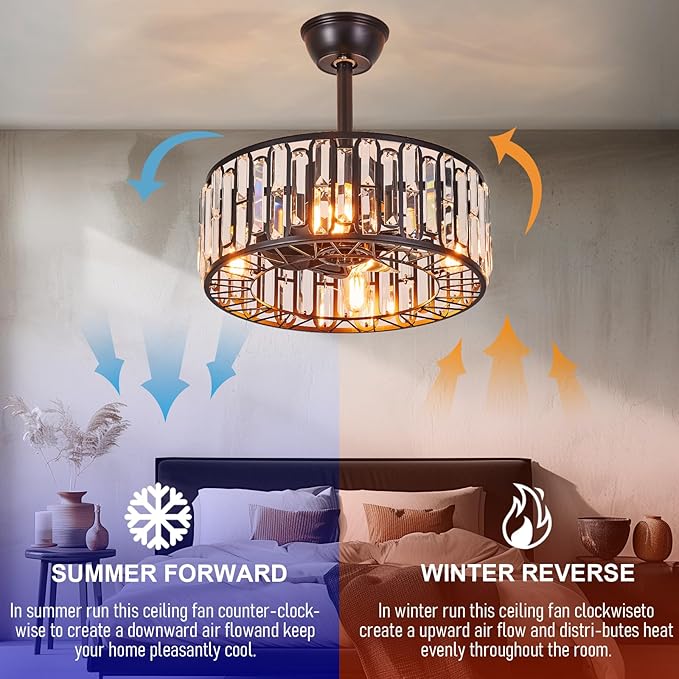 18.2" Modern Crystal Ceiling Fan with Light Black Crystal Fandelier Light Caged Ceiling Fan Light with Remote Reversible Industrial Chandelier Fan for Bedroom Living Room Dining Room Entry foryer