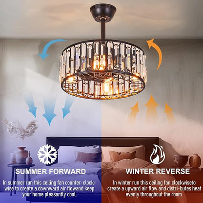 18.2" Modern Crystal Ceiling Fan with Light Black Crystal Fandelier Light Caged Ceiling Fan Light with Remote Reversible Industrial Chandelier Fan for Bedroom Living Room Dining Room Entry foryer