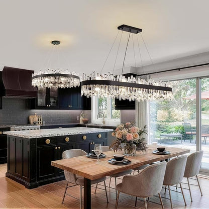 Siljoy Rectangle Black Crystal Chandelier, 20-Light Modern Rectangular K9 Crystal Raindrop Chandelier, Luxury Dimmable Crystal Ceiling Light for Living Dining Room Kitchen Entryway Foyer L52''