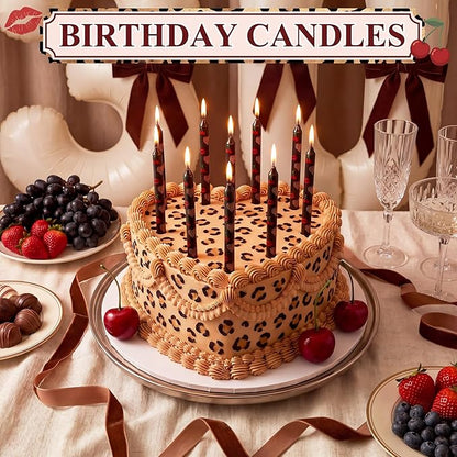 Conelist 12 Pcs Cheetah Cherry Themed Birthday Candles Cartoon Red Black Birthday Decorations Movie Cake Toppers for Themed Party Supplies