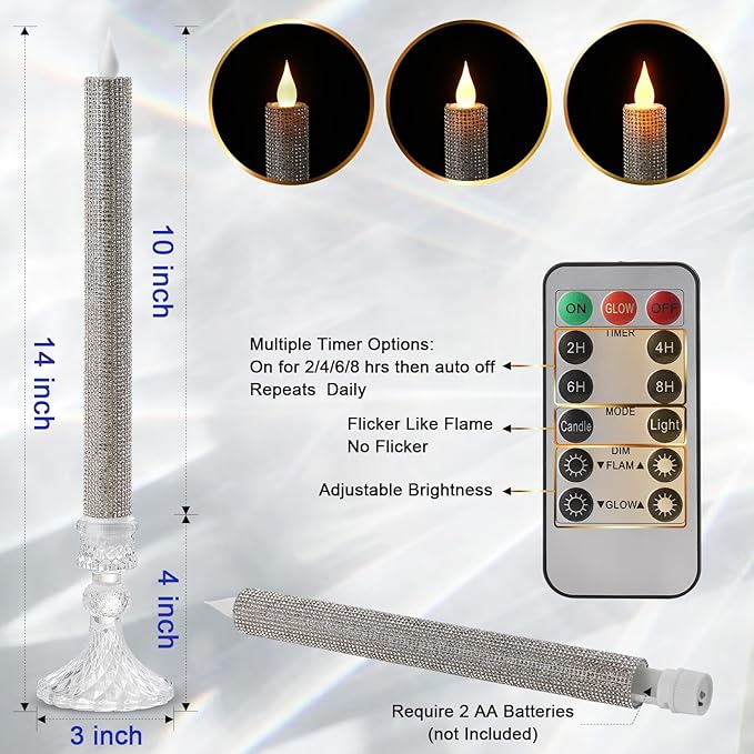 LED Flameless Taper Candles with Remote Control,Set of 2, Silver Glitter Finish, Crystal Glass Candlestick Holders, Timer Function (Silver LED)