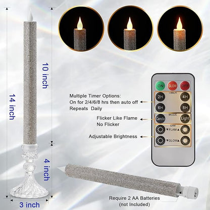 LED Flameless Taper Candles with Remote Control,Set of 2, Silver Glitter Finish, Crystal Glass Candlestick Holders, Timer Function (Silver LED)