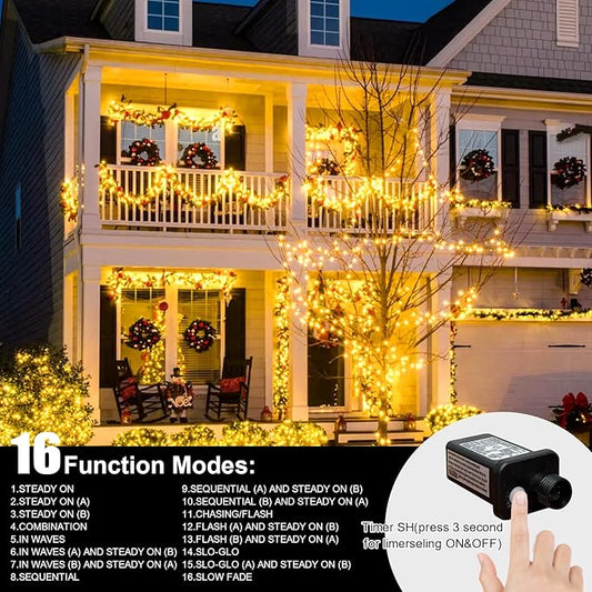 LAMPHOME 165ft Christmas Decorative Mini Lights, 500 LED Transparent Wire Fairy Starry String Light Plug in, 16Lighting Modes for Indoor Outdoor Xmas Tree Wedding Party Decoration (Yellow)