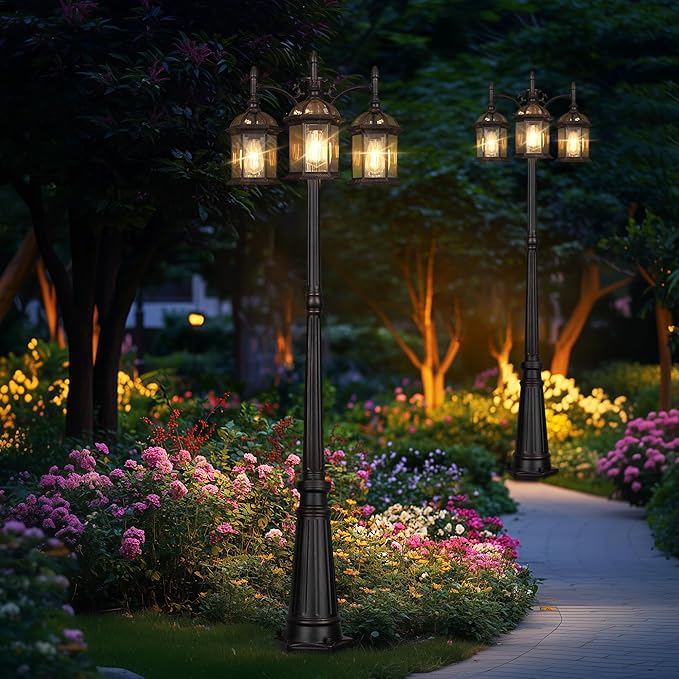 Aluminum Outdoor Lamp Post Birdcage, Hardwired Street Light for Outside, 3-Head Pole Light Modern Lamp Post Outdoor Lighting with Clear Glass Panels for Garden Patio Backyard Walkway Driveway