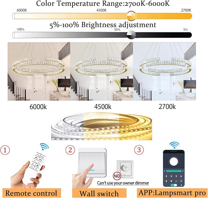 D24'' Modern Gold Crystal Ring Chandeliers for Living Room Dinning Room Crystal Pendant Light Dimmable 3000k-6000k