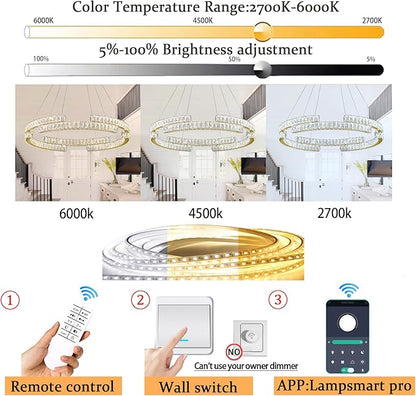 D24'' Modern Gold Crystal Ring Chandeliers for Living Room Dinning Room Crystal Pendant Light Dimmable 3000k-6000k