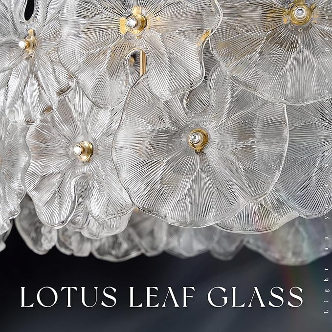 30" Luxury Glass LED Chandelier Modern Gold Dimmable 3000-6500K Large Lotus Leaf Chandeliers Light with Remote Control Contemporary for High Ceiling Living Dining Room Foyer Kitchen Entryway