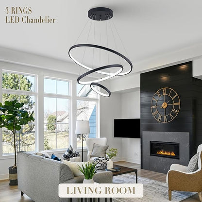 Modern LED Chandeliers 3 Rings Black Chandelier Dimmable LED Pendant Light Fixture Remote Control Contemporary Flush Mount Chandelier for Dining Room Bedroom Foyer, 3000-6500K