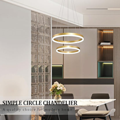 Modern Gold Led Chandelier 2 Rings Dimmable LED Chandeliers with Remote Control Light Fixture for Kitchen Island Height Adjustable Chandelier Led Pendant Light for Living Room Dining Room