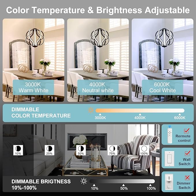 CHYING Modern Black Chandelier with Remote Control, 10-Light 70W 3-Color Temperature Dimmable LED Chandelier for Dining Room, Hanging Adjustable Pendant Light for Living Room Kitchen Entryway Foyer