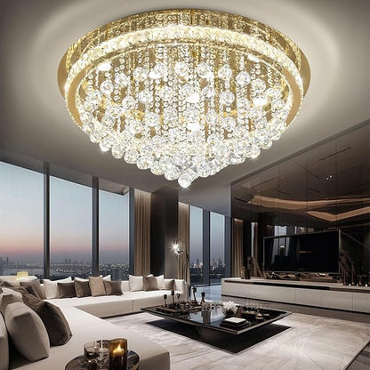 Dia 32" Modern Crystal Chandeliers for Dining Room,Gold Raindrop Chandelier Flush Mount Chandeliers for Living Room Bedrooms Dining Room Dimmable 2700k 4500k 6000k