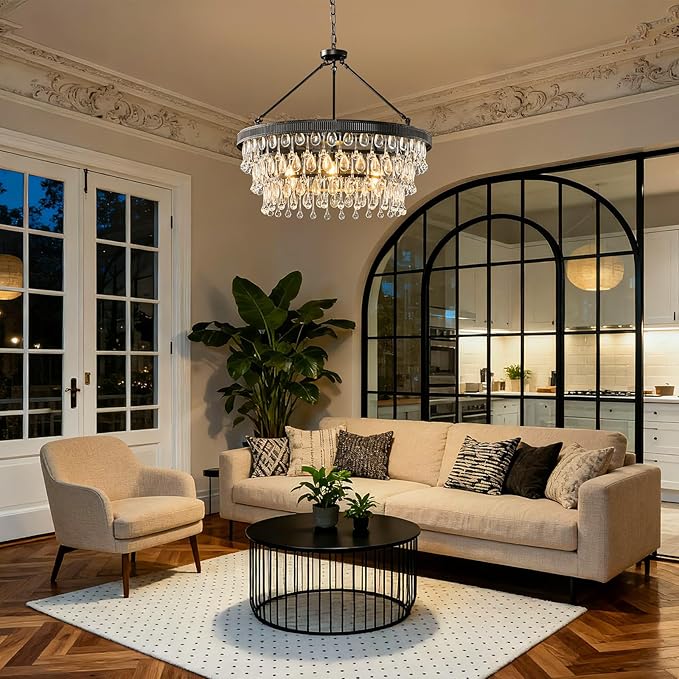 Black Modern Raindrop Crystal Chandelier: 28" Round K9 Crystals Contemporary Chandeliers for Dining Room Lights over Table - Adjustable Large Light Chandelier for Bedroom Living Kitchen Entryway Foyer