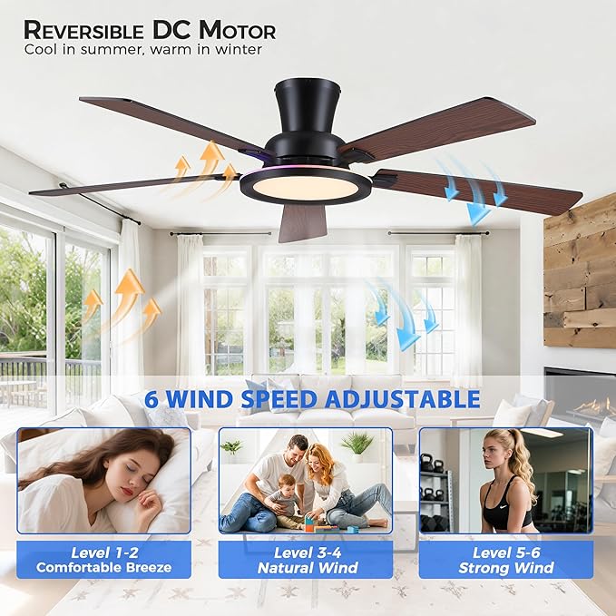 Ayaoty 52in Flush Mount Ceiling Fan with RGB Lights and Remote/APP, Low Profile RGB Ceiling Fan with 5 Reversible Blades, Dimming, Indoor Modern Fan Light Fixutre for Kid's Room, Bedroom, Brown