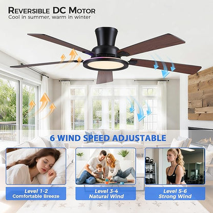 Ayaoty 52in Flush Mount Ceiling Fan with RGB Lights and Remote/APP, Low Profile RGB Ceiling Fan with 5 Reversible Blades, Dimming, Indoor Modern Fan Light Fixutre for Kid's Room, Bedroom, Brown