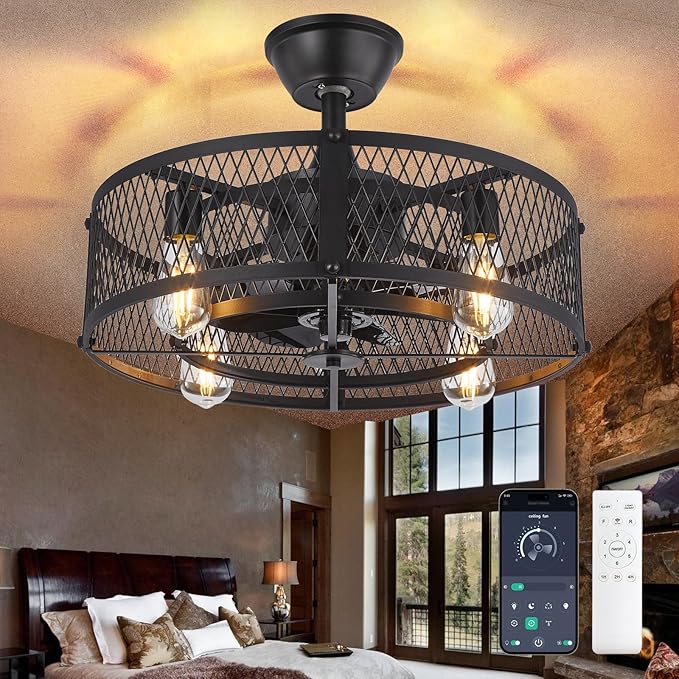 Depuley Caged Ceiling Fan with Light: 20" Black Small Fandelier Ceiling Fan with Remote - Farmhouse Fandelier with Fan Light Fixture for Low Profile Indoor Bedroon Kitchen Living Dining Room