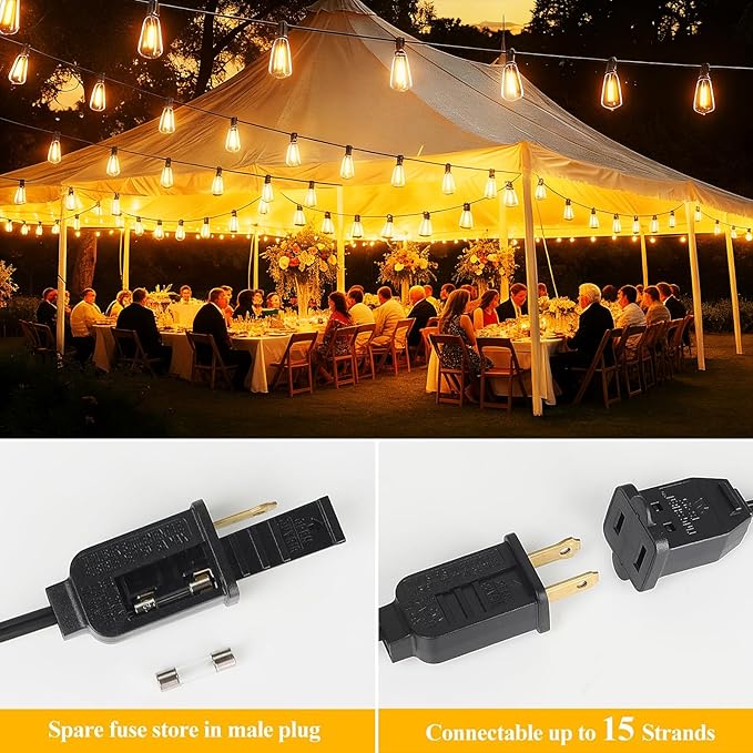 Jedavai Upgraded LED Outdoor String Lights 210Ft Shatterproof Waterproof ST38 Vintage Edison Bulbs Patio Lights Energy Saving Hanging Outdoor for Christmas Porch Deck Garden Backyard Wedding Party
