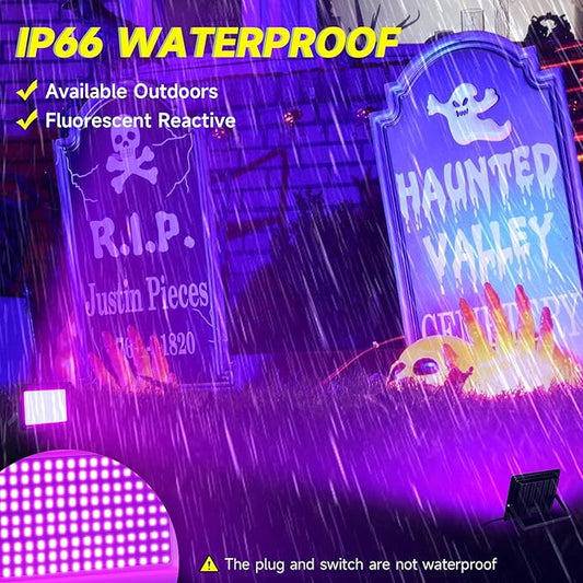 2 Pack 100W LED Black Light, IP66 Waterproof Outdoor Blacklight Flood Light Spotlight with Plug, Switch, Cord for Neon Glow Party Fluorescent Poster Body Paint Stage Lighting Halloween Decor