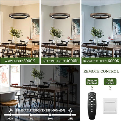 LED Ring Chandelier Dimmable Black Chandelier Round Foyer Chandeliers Light Walnut Wood Black Circular Chandeliers for Dining Room Entry Bedroom Office Living Room, 24in