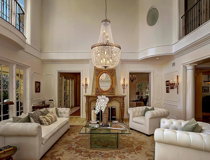 Wellmet French Empire Crystal Chandelier, 18 Lights Antique Bronze Chandeliers Rustic Farmhouse Chandelier High Ceiling Hanging Pendant Light Fixture for Entryway Foyer Dining Living Room 28" W