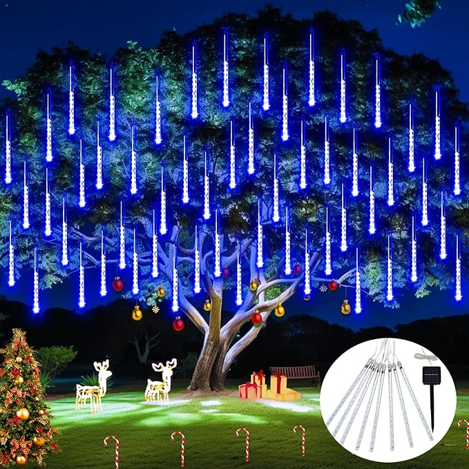 JMEXSUSS Solar Christmas Lights Outdoor, 8 Tube 144 LEDs Solar Meteor Shower Lights Outdoor, Hanging Blue Christmas Light for Tree Icicle Garden Yard Patio Gazebo Party Xmas Decor