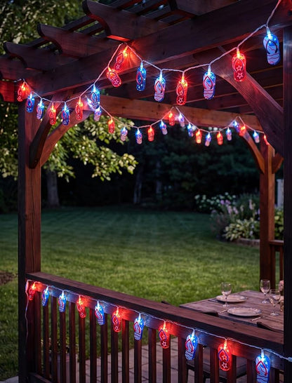8.5Ft LED Tropical Beach Flip Flop String Lights, 4th of July Slipper String Lights Plug in with 10 Bulbs, Independence Day Decoration Lights for Patriotic Party Garden Festival National Day, White