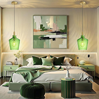 Modern Stripes Green Glass Pendant Lighting for Kitchen Island 1 Pack, Farmhouse Gold Pendant Light Fixtures, Height Adjustable Ceiling Pendant Light, 8 Inch