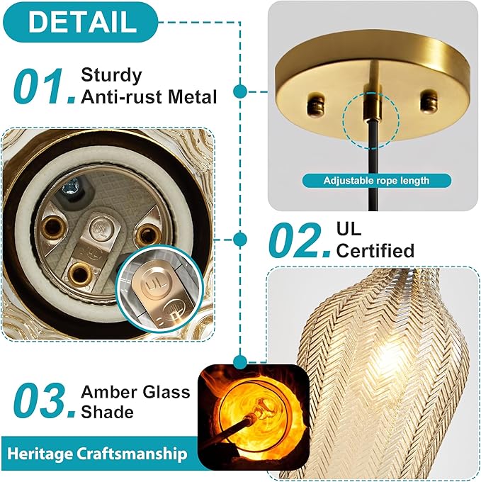 Amber Glass Gold Pendant Light, Farmhouse Kitchen Island Pendant Light Fixture Adjustable Vintage Hanging Ceiling Light for Dining Room Corridor Bedroom 1 Pack, UL Certification
