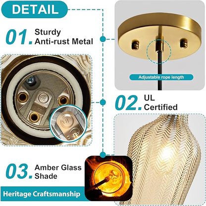 Amber Glass Gold Pendant Light, Farmhouse Kitchen Island Pendant Light Fixture Adjustable Vintage Hanging Ceiling Light for Dining Room Corridor Bedroom 1 Pack, UL Certification