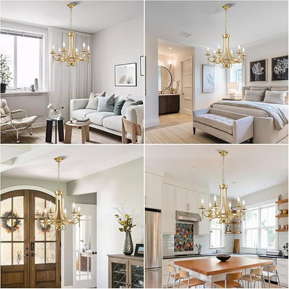 Modern Gold Candle Chandelier, 6-Light Farmhouse Chandeliers for Dining Room Lighting Fixtures Hanging, Dining Light Fixtures Iron Metal Pendant Light Fixture for Bedroom Living Room Kitchen Foyer