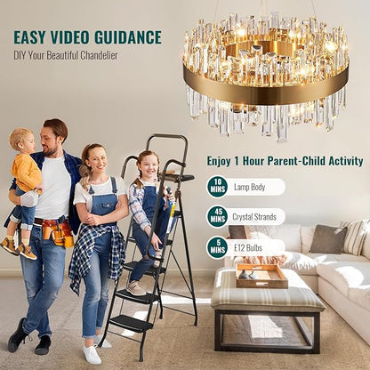 Siljoy Modern Gold Round Crystal Chandelier, 12-Light Luxury 2-Tiers K9 Crystal Raindrop Chandelier, Dimmable Crystal Ceiling Light for Dining Room Living Room Bedroom Foyer D19.7''