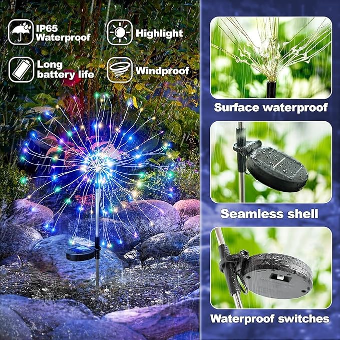 Anordsem Solar Lights Outdoor Waterproof: 6 Pack Garden Light - Bendable Copper Wire with 120 LED Firework Beads - DIY Colorful Fun Decoration for Yard Patio - Twinkle Sparkler Gifts for Women Wife