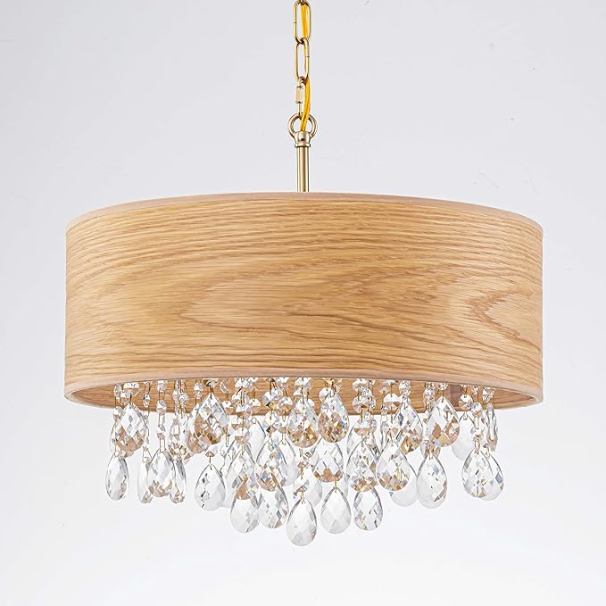LumFurn D18inch Drum Wood K9 Crystal Chandeliers, 4-Light Boho Style Pendant Light Fixture for Dining Room, Living Room, D18 x 21~68"(Adjustable), Solid Wood Lampshade & Gold Finish