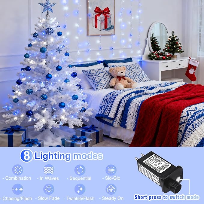 100FT 300 LED Outdoor String Lights, Plug in Christmas Lights Indoor Waterproof with 8 Modes, Connectable Twinkle Fairy Lights Clear Wire for Bedroom Home Patio Yard Party Decorations, Blue and White