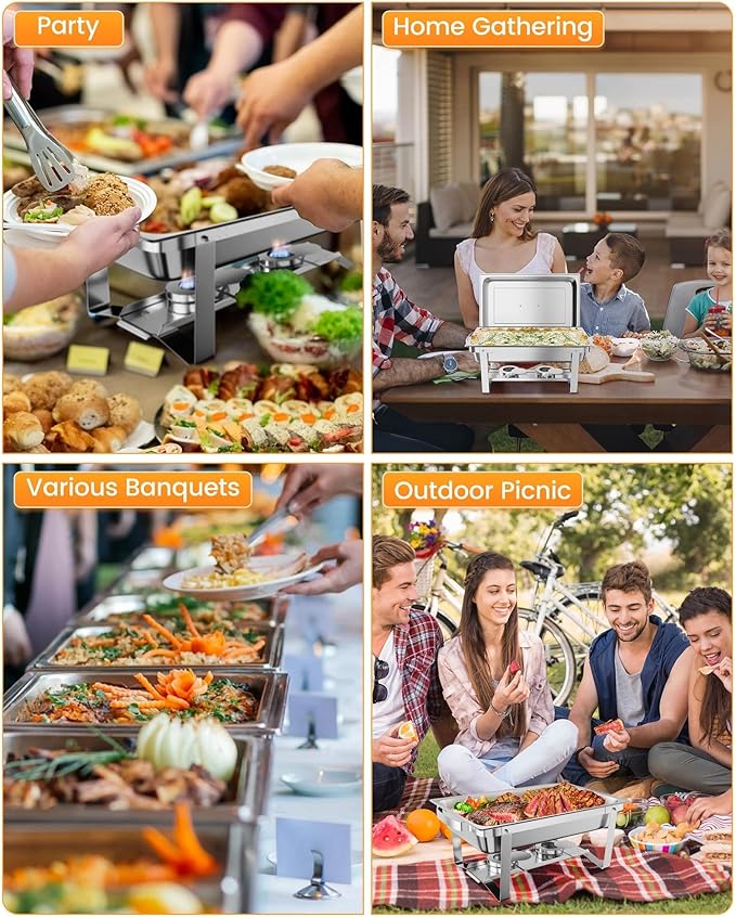 6 Pack Chafing Dishes for Buffet, Stainless Steel Catering Chafer with Lids, Pans & Fuel Holder, 8QT Food Warmers for Parties Buffet, Buffet Servers and Warmers for Parties, Events, Weddings,Silver